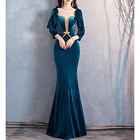 Mermaid / Trumpet Beautiful Back Vintage Wedding Guest Formal Evening Dress Illusion Neck 3/4 Length Sleeve Floor Length Velvet with Bow(s) Sequin 2020