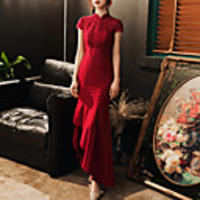 Mermaid / Trumpet Chinese Style bodycon Prom Formal Evening Dress High Neck Short Sleeve Asymmetrical Spandex with Sleek Appliques 2020