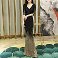 Mermaid / Trumpet Color Block Sparkle Wedding Guest Formal Evening Dress V Neck Half Sleeve Floor Length Sequined with Sequin 2020