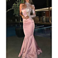 Mermaid / Trumpet Cut Out Sexy Engagement Formal Evening Dress High Neck Long Sleeve Floor Length Lace Satin with Appliques 2020