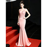 Mermaid / Trumpet Elegant Luxurious Sexy Formal Evening Dress V Neck Sleeveless Sweep / Brush Train Satin with Beading 2020