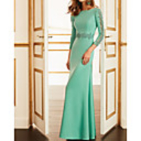 Mermaid / Trumpet Elegant Beautiful Back Wedding Guest Formal Evening Dress Jewel Neck 3/4 Length Sleeve Floor Length Lace Satin with Appliques 2020