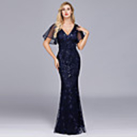 Mermaid / Trumpet Elegant Empire Party Wear Formal Evening Dress Jewel Neck Short Sleeve Floor Length Tulle with Ruffles Embroidery 2020