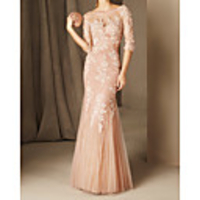 Mermaid / Trumpet Elegant Floral Engagement Formal Evening Dress Illusion Neck Long Sleeve Floor Length Lace Tulle with Appliques 2020