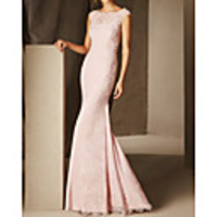 Mermaid / Trumpet Elegant Floral Engagement Formal Evening Dress Scalloped Neckline Sleeveless Floor Length Lace Satin with Lace Insert 2020