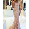 Mermaid / Trumpet Elegant Floral Engagement Formal Evening Dress V Neck Short Sleeve Sweep / Brush Train Lace with Appliques 2020