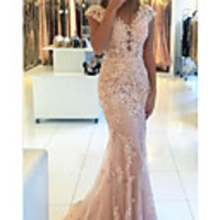 Mermaid / Trumpet Elegant Floral Engagement Formal Evening Dress V Neck Short Sleeve Sweep / Brush Train Lace with Appliques 2020