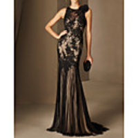 Mermaid / Trumpet Elegant Floral Wedding Guest Formal Evening Dress Illusion Neck Sleeveless Sweep / Brush Train Lace Tulle with Lace Insert Appliques 2020