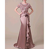 Mermaid / Trumpet Elegant Formal Evening Dress Jewel Neck Short Sleeve Sweep / Brush Train Lace Satin with Ruched Ruffles Appliques 2020