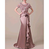 Mermaid / Trumpet Elegant Formal Evening Dress Jewel Neck Short Sleeve Sweep / Brush Train Lace Satin with Ruched Ruffles Appliques 2020