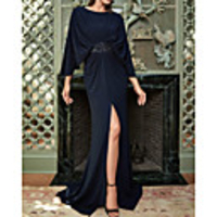 Mermaid / Trumpet Elegant Luxurious Wedding Guest Formal Evening Dress Boat Neck Long Sleeve Sweep / Brush Train Spandex with Sash / Ribbon Beading Split 2020