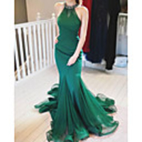 Mermaid / Trumpet Elegant Minimalist Engagement Formal Evening Dress Halter Neck Sleeveless Court Train Spandex with Pleats 2020