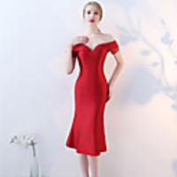 Mermaid / Trumpet Elegant Minimalist Party Wear Cocktail Party Dress Illusion Neck Short Sleeve Knee Length Stretch Satin with Crystals 2020