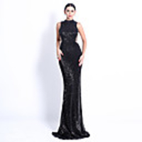 Mermaid / Trumpet Elegant Minimalist Prom Formal Evening Dress High Neck Sleeveless Sweep / Brush Train Spandex Sequined with Criss Cross Sequin 2020