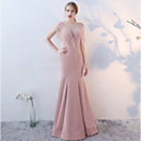Mermaid / Trumpet Elegant Minimalist Wedding Guest Formal Evening Dress Illusion Neck Sleeveless Floor Length Spandex with Crystals Tassel 2020