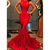 Mermaid / Trumpet Elegant Minimalist Wedding Guest Formal Evening Dress Jewel Neck Sleeveless Court Train Spandex with Pleats 2020