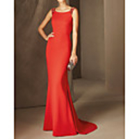 Mermaid / Trumpet Elegant Minimalist Wedding Guest Formal Evening Dress Jewel Neck Sleeveless Sweep / Brush Train Satin with Pleats 2020