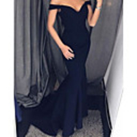 Mermaid / Trumpet Elegant Minimalist Wedding Guest Formal Evening Dress Off Shoulder Sleeveless Sweep / Brush Train Satin with Pleats 2020