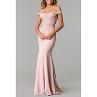 Mermaid / Trumpet Elegant Prom Formal Evening Dress Off Shoulder Short Sleeve Sweep / Brush Train Chiffon Lace with Appliques 2021 miniinthebox