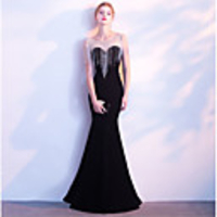 Mermaid / Trumpet Elegant Sexy Wedding Guest Formal Evening Dress Illusion Neck Sleeveless Floor Length Velvet with Crystals Tassel 2020