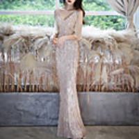 Mermaid / Trumpet Elegant Sparkle Party Wear Prom Dress V Neck Short Sleeve Floor Length Sequined with Sequin 2020