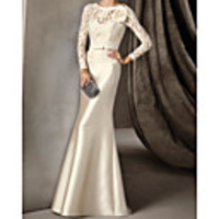 Mermaid / Trumpet Elegant Vintage Engagement Formal Evening Dress Illusion Neck Long Sleeve Sweep / Brush Train Lace Satin with Sash / Ribbon Appliques 2020