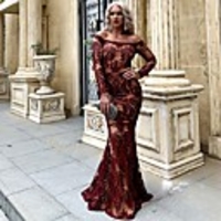 Mermaid / Trumpet Elegant Vintage Party Wear Wedding Guest Dress Off Shoulder Long Sleeve Sweep / Brush Train Spandex with Lace Insert 2020