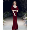 Mermaid / Trumpet Elegant Vintage Prom Formal Evening Dress Illusion Neck 3/4 Length Sleeve Floor Length Satin Velvet with Buttons 2020
