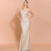 Mermaid / Trumpet Floral Sexy Prom Formal Evening Dress Spaghetti Strap Sleeveless Sweep / Brush Train Spandex Lace with Overskirt 2020