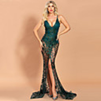 Mermaid / Trumpet Floral Sexy Prom Formal Evening Dress Spaghetti Strap Sleeveless Sweep / Brush Train Spandex Lace with Sequin Split 2020