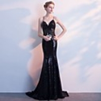 Mermaid / Trumpet Glittering Beautiful Back Wedding Guest Formal Evening Dress V Neck Sleeveless Sweep / Brush Train Spandex with Sequin 2020