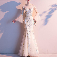 Mermaid / Trumpet Glittering bodycon Prom Formal Evening Dress Illusion Neck Long Sleeve Floor Length Tulle with Pleats Sequin 2020