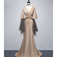 Mermaid / Trumpet Glittering Elegant Wedding Guest Formal Evening Dress V Neck Half Sleeve Sweep / Brush Train Satin with Crystals Appliques 2020