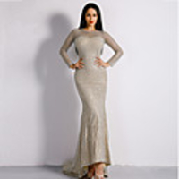 Mermaid / Trumpet Glittering Sexy Prom Formal Evening Dress Jewel Neck Long Sleeve Sweep / Brush Train Spandex with Pleats 2020