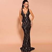 Mermaid / Trumpet Glittering Sexy Prom Formal Evening Dress V Neck Sleeveless Sweep / Brush Train Sequined with Sequin 2020
