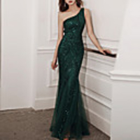 Mermaid / Trumpet Glittering Sexy Wedding Guest Formal Evening Dress One Shoulder Sleeveless Floor Length Tulle Sequined with Sequin 2020
