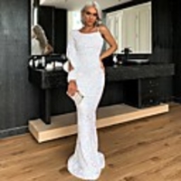 Mermaid / Trumpet Glittering Sexy Wedding Guest Prom Dress Jewel Neck Long Sleeve Sweep / Brush Train Sequined with Sequin 2020