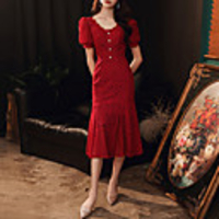 Mermaid / Trumpet Hot bodycon Homecoming Cocktail Party Dress V Neck Short Sleeve Tea Length Lace with Buttons Ruffles 2020