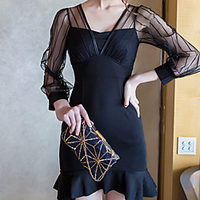 Mermaid / Trumpet Little Black Dress bodycon Homecoming Cocktail Party Dress V Neck 3/4 Length Sleeve Short / Mini Spandex with Ruffles 2021 miniinthebox