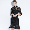Mermaid / Trumpet Little Black Dress Elegant Homecoming Cocktail Party Dress Stand Collar Half Sleeve Knee Length Lace with Lace Insert 2021 miniinthebox