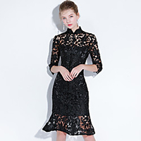 Mermaid / Trumpet Little Black Dress Elegant Homecoming Cocktail Party Dress Stand Collar Half Sleeve Knee Length Lace with Lace Insert 2021 miniinthebox