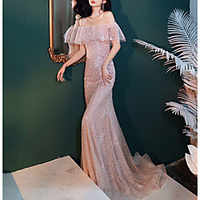 Mermaid / Trumpet Luxurious Elegant Engagement Formal Evening Dress Off Shoulder Short Sleeve Sweep / Brush Train Lace with Beading 2020
