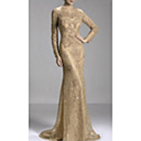 Mermaid / Trumpet Luxurious Gold Engagement Formal Evening Dress Jewel Neck Long Sleeve Sweep / Brush Train Lace with Beading Appliques 2020