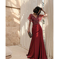 Mermaid / Trumpet Luxurious Sparkle Engagement Formal Evening Dress V Neck Short Sleeve Sweep / Brush Train Charmeuse with Crystals Sequin 2020 miniinthebox