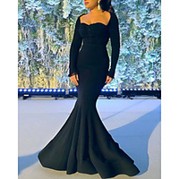 Mermaid / Trumpet Minimalist Elegant Engagement Formal Evening Dress Scoop Neck Long Sleeve Floor Length Satin with Pleats 2020