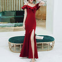 Mermaid / Trumpet Minimalist Elegant Prom Formal Evening Dress Off Shoulder Short Sleeve Floor Length Stretch Fabric with Ruffles Split 2021 miniinthebox