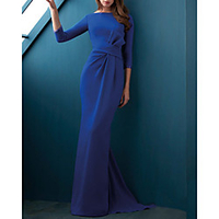 Mermaid / Trumpet Minimalist Elegant Wedding Guest Formal Evening Dress Boat Neck 3/4 Length Sleeve Sweep / Brush Train Stretch Satin with Sleek 2020