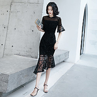 Mermaid / Trumpet Minimalist Elegant Wedding Guest Formal Evening Dress Illusion Neck Half Sleeve Asymmetrical Lace with Lace Insert 2020