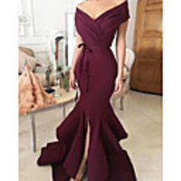 Mermaid / Trumpet Minimalist Sexy Wedding Guest Formal Evening Dress V Neck Sleeveless Sweep / Brush Train Charmeuse with Split Tier 2020