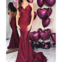 Mermaid / Trumpet Minimalist Sexy Wedding Guest Formal Evening Dress V Neck Sleeveless Sweep / Brush Train Floor Length Stretch Satin with Ruched 2020